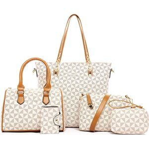 Fashionable 5pcs Handbag Set: Faux Leather Tote, Satchel & Clutch in Beige